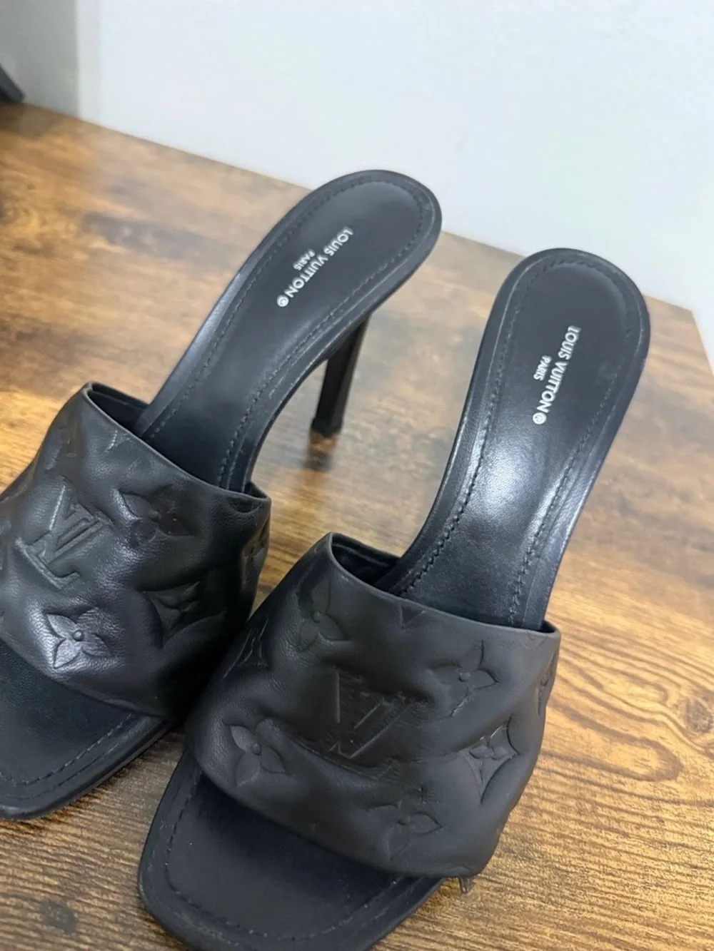 Louis Vuitton Black Embossed Leather Slide Sandals